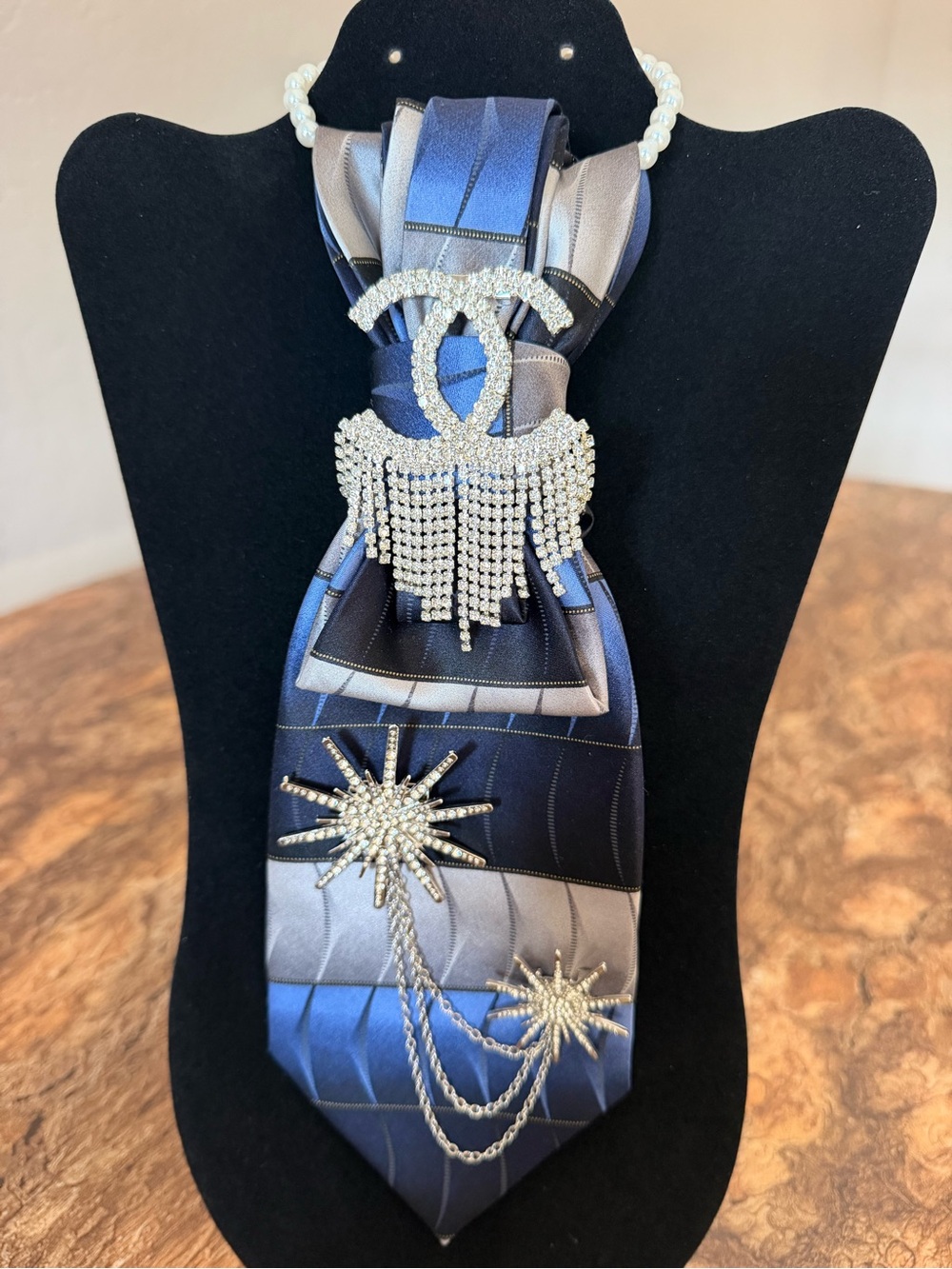 Blue and Gray Men's Statement Tie with Crystal Brooch Accents